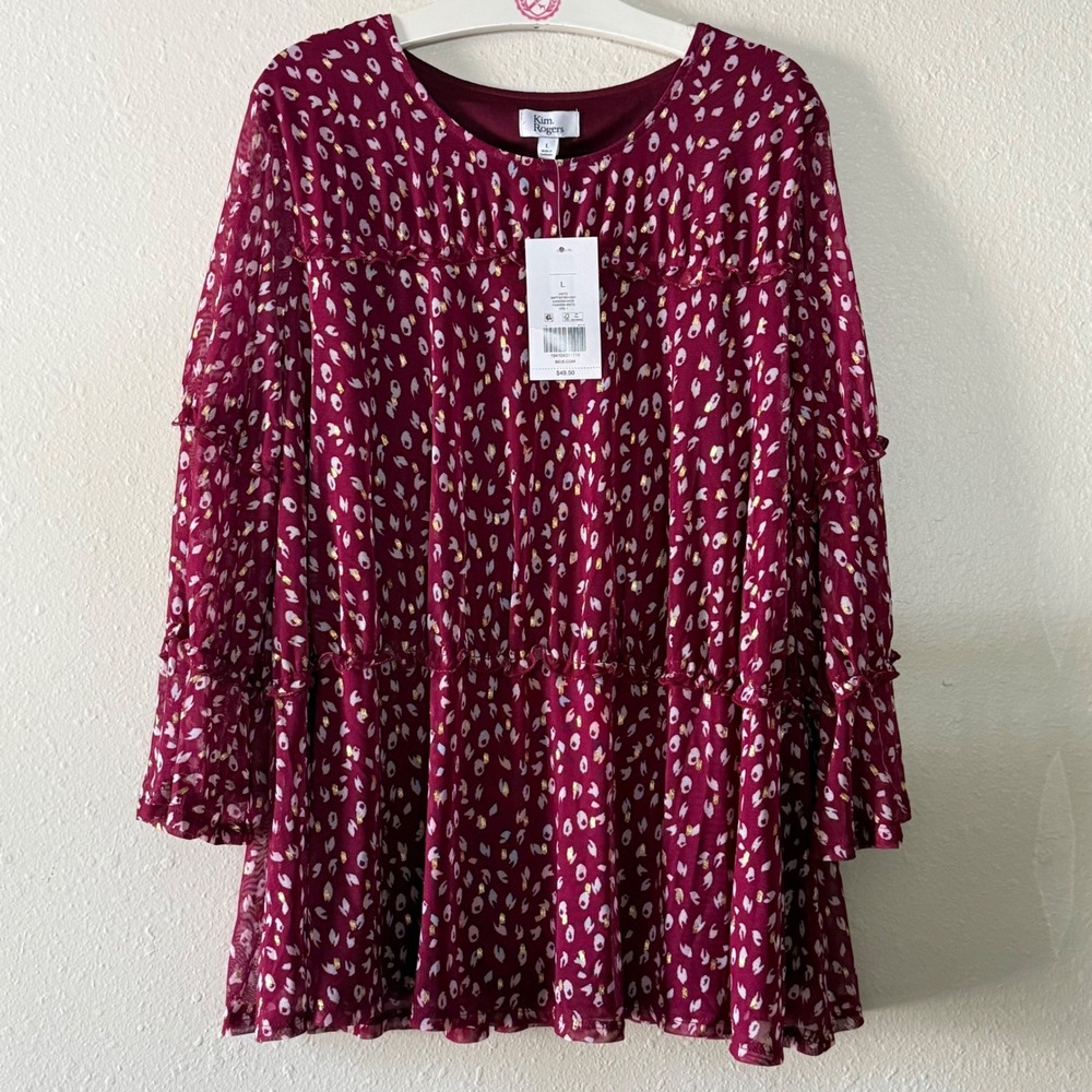 Kim Rogers Sangria Ivory Gold Mesh Ruffle Tiered Tunic Top Large 3MPF60Y991439Y